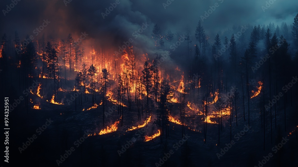 Trees burned by a wildfire at night, showing the devastating effects of deforestation and global warming on the environment. Trees burned by a wildfire at night, showing the devastating effects of deforestation and global warming on the environment.