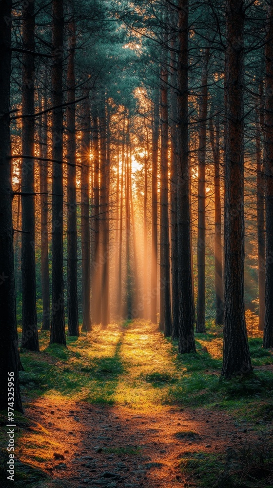 Obraz premium Sun Rays Filtering Through Forest Trees