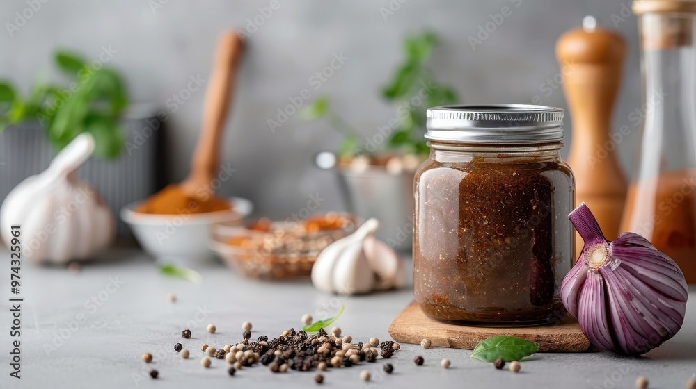 Jar of homemade black pepper sauce with fresh ingredients. Jar of homemade black pepper sauce with fresh ingredients.