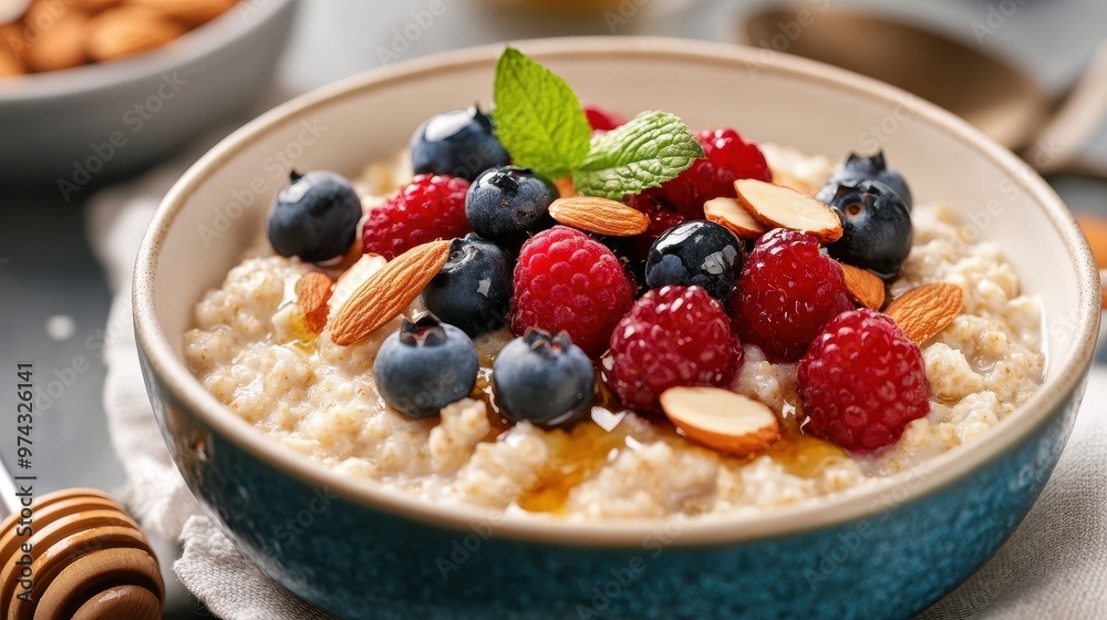 Delicious Oatmeal Bowl with Fresh Berries and Nuts Delicious Oatmeal Bowl with Fresh Berries and Nuts