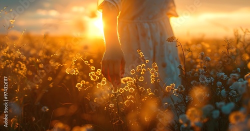 Ethereal Woman Holds Hand in Glowing Sunset Meadow with Lighting and Textures photo