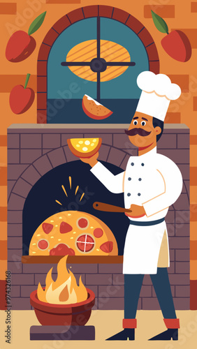 A chef is cooking pizza in a brick oven