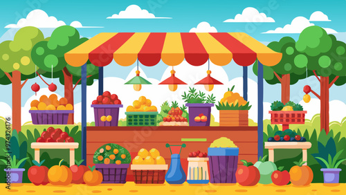 A colorful outdoor market with a red and yellow awning