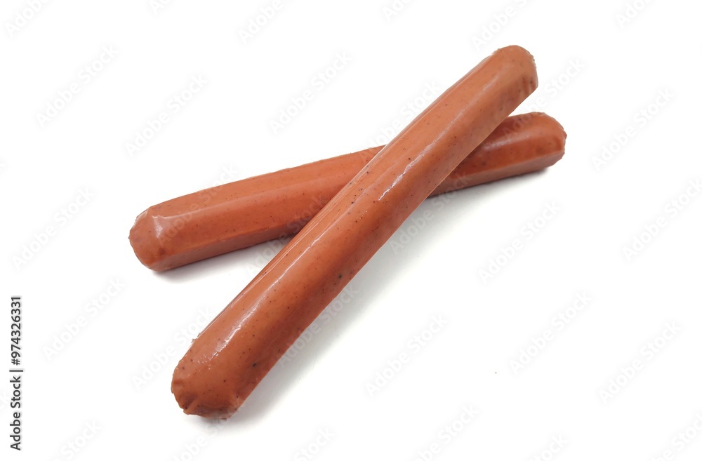 Photo of two whole, uncooked sausages, isolated on white background. Photo of two whole, uncooked sausages, isolated on white background.