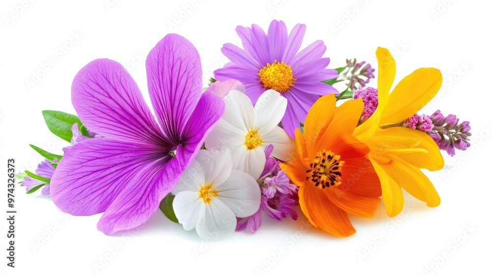 Obraz premium A bunch of colorful flowers with symbolic meanings, resting on a white background, expressing sentiments of love, joy, and peace