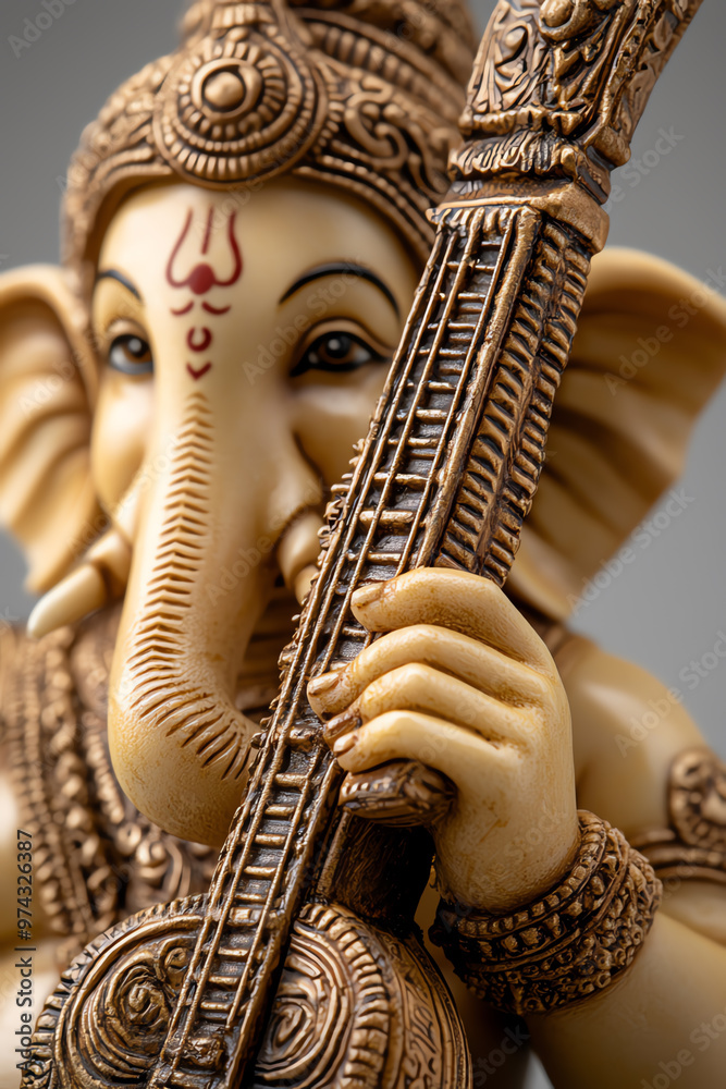 Fototapeta premium A detailed sculpture of the Hindu deity Ganesha playing the veena, adorned with intricate designs and symbolizing wisdom and creativity.