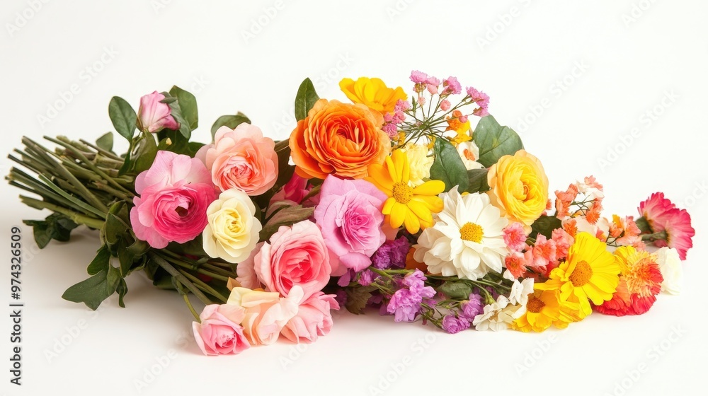 A bunch of meaningful flowers in a variety of colors, arranged on a minimalist white background, expressing emotions of joy and affection A bunch of meaningful flowers in a variety of colors, arranged on a minimalist white background, expressing emotions of joy and affection