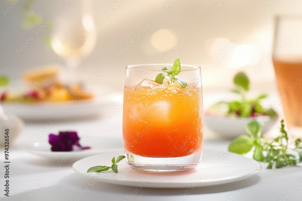 A refreshing drink garnished with herbs, surrounded by elegant dining elements. A refreshing drink garnished with herbs, surrounded by elegant dining elements.