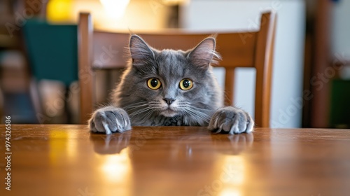 Curious gray cat with large eyes peeking over a wooden table in a cozy home environment during daylight