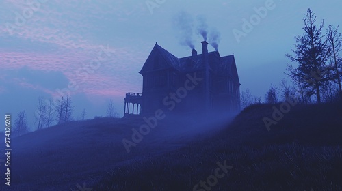 An eerie, isolated mansion surrounded by dense blue fog at dusk, with smoke rising from its chimneys. The ominous atmosphere and shadowy landscape enhance the haunting mood.