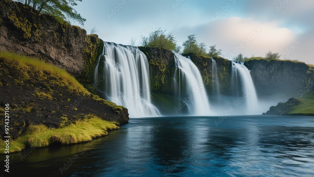 A serene and majestic waterfall in Iceland, photographed in its natural glory, generative ai A serene and majestic waterfall in Iceland, photographed in its natural glory, generative ai