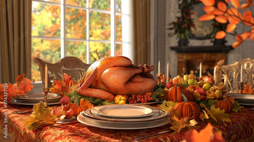 Fototapeta premium 3D Thanksgiving Dinner Table with Roasted Turkey and Fall Decor - AR Experience