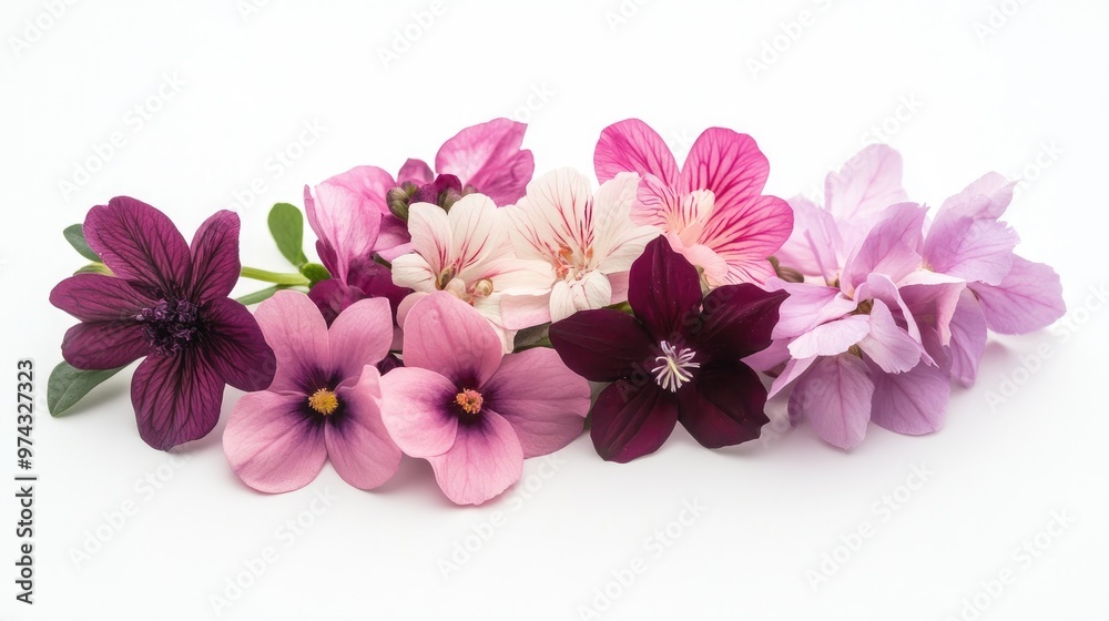 Obraz premium Bunch of symbolic flowers in various shades, elegantly arranged on a white background, offering a sense of peace and beauty