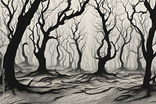 Spooky trees filled with shadowy tree silhouettes with strange shapes, AI Generated photo