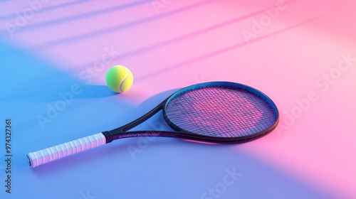 Tennis Racket and Ball on Pink and Blue Background photo