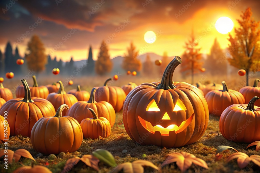 Halloween animation of a pumpkin patch with animated jack-o-lanterns in a warm autumn color scheme and a playful mood and loose hand-drawn style concept