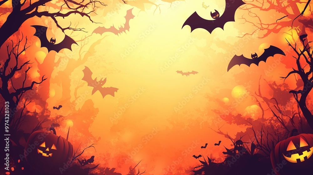 Spooky Halloween Background with Pumpkins, Bats, and Copy Space for Text Spooky Halloween Background with Pumpkins, Bats, and Copy Space for Text