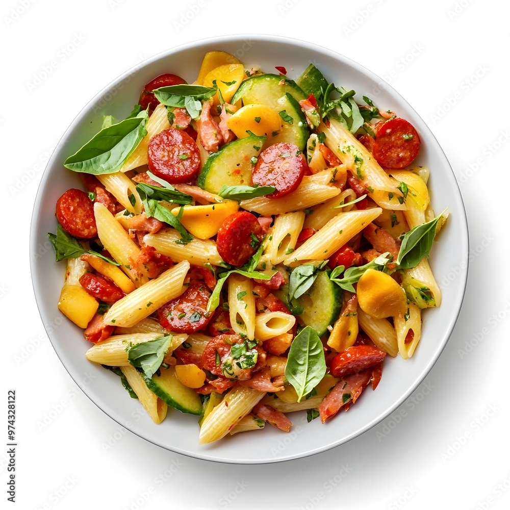 Penne Pasta Salad with Chorizo on Stylish Minimalist Paneling with Daylight Top Shot Penne Pasta Salad with Chorizo on Stylish Minimalist Paneling with Daylight Top Shot