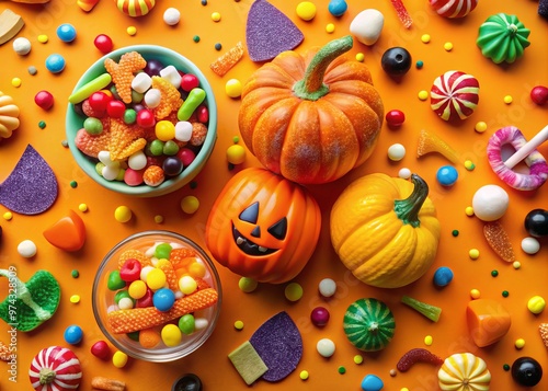 Halloween candy and party decorations on a bright and bold background