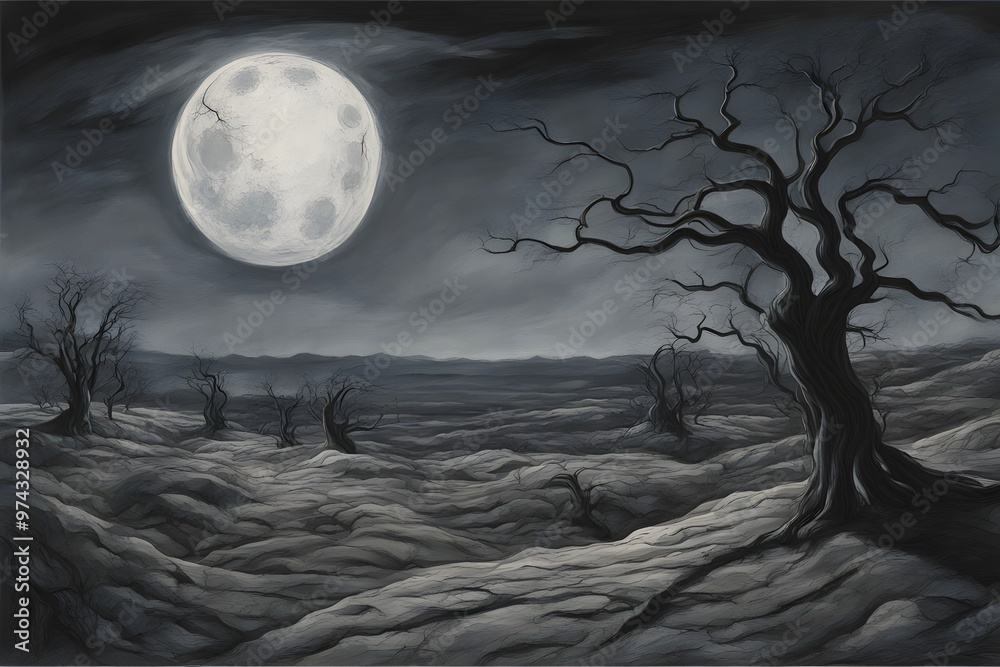 Fototapeta premium Full moon encircled by contorted tree silhouettes elongated shadows draping over barren terrain, AI Generated