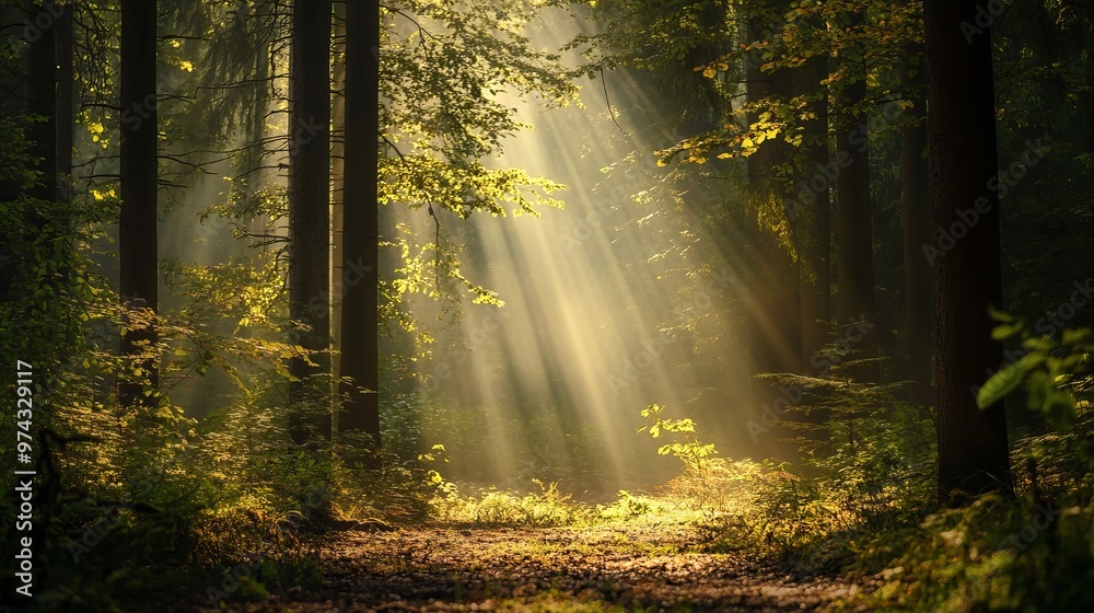 Obraz premium Walking through a forest, you can see sunlight coming through the trees. You're surrounded by plants, tree trunks, twigs, grass, and different shades of wood.