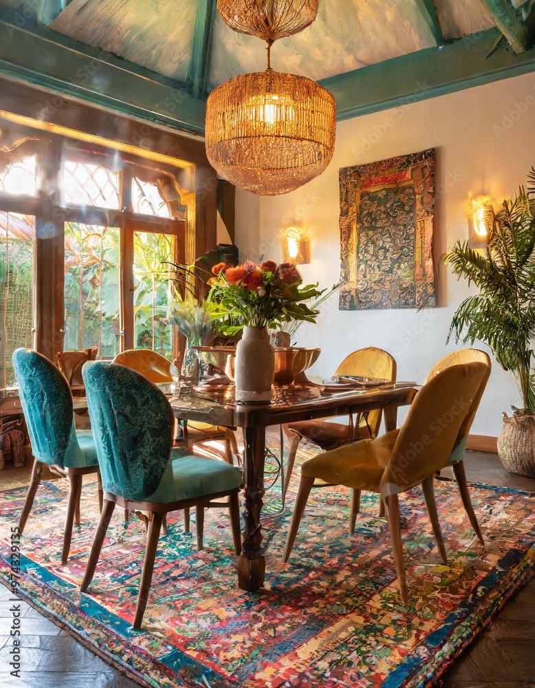 Bohemian dining room with mismatched chairs and a colorful area rug for an eclectic vibe Bohemian dining room with mismatched chairs and a colorful area rug for an eclectic vibe