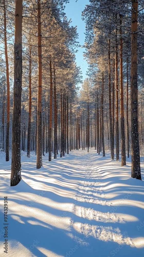 Tranquil Winter Scene in Snow-Covered Forest with Tall Trees and Blue Sky Tranquil Winter Scene in Snow-Covered Forest with Tall Trees and Blue Sky