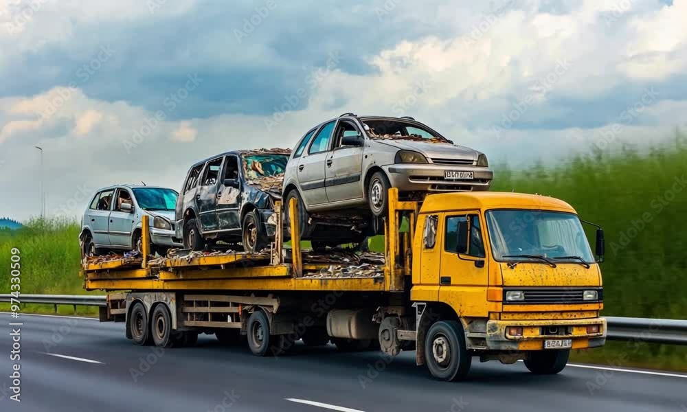 large yellow truck transporting damaged and wrecked cars on a flatbed trailer along a highway. The scene suggests vehicle recycling, transportation, and industrial processes in a rural area. large yellow truck transporting damaged and wrecked cars on a flatbed trailer along a highway. The scene suggests vehicle recycling, transportation, and industrial processes in a rural area.