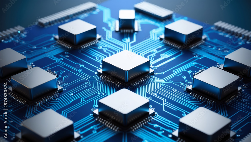 Digital Data Blocks Interconnected on a Blue Circuit Board, Highlighting the Foundation of Blockchain Technology Digital Data Blocks Interconnected on a Blue Circuit Board, Highlighting the Foundation of Blockchain Technology