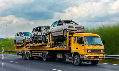 Wallpaper Mural large yellow truck transporting damaged and wrecked cars on a flatbed trailer along a highway. The scene suggests vehicle recycling, transportation, and industrial processes in a rural area. Torontodigital.ca