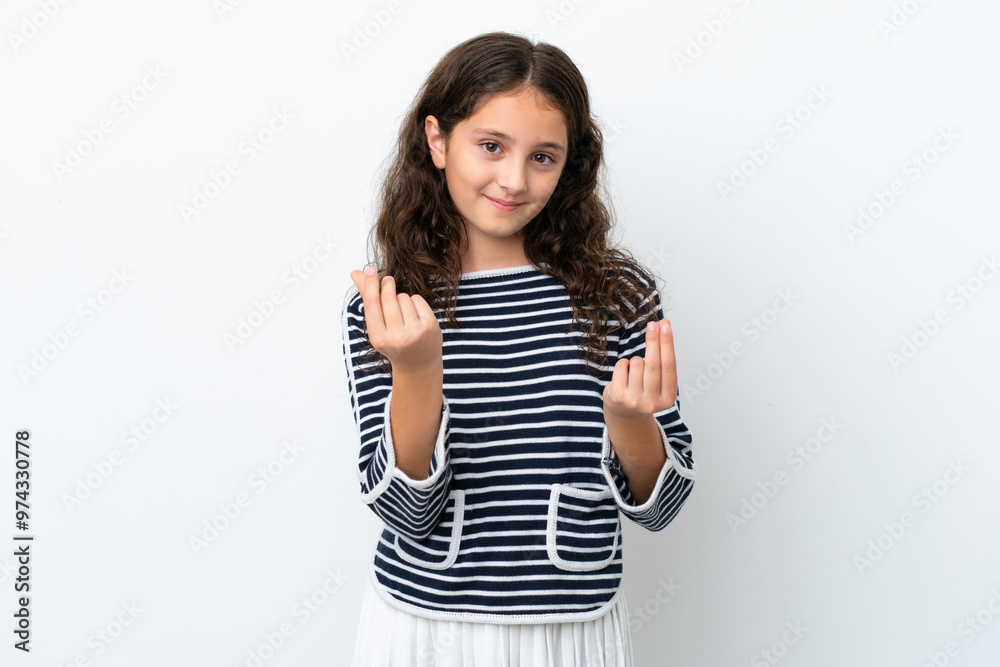Little caucasian girl isolated on white background making money gesture Little caucasian girl isolated on white background making money gesture