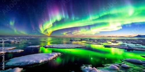 Stunning northern lights over icy waters with colorful reflections and floating ice