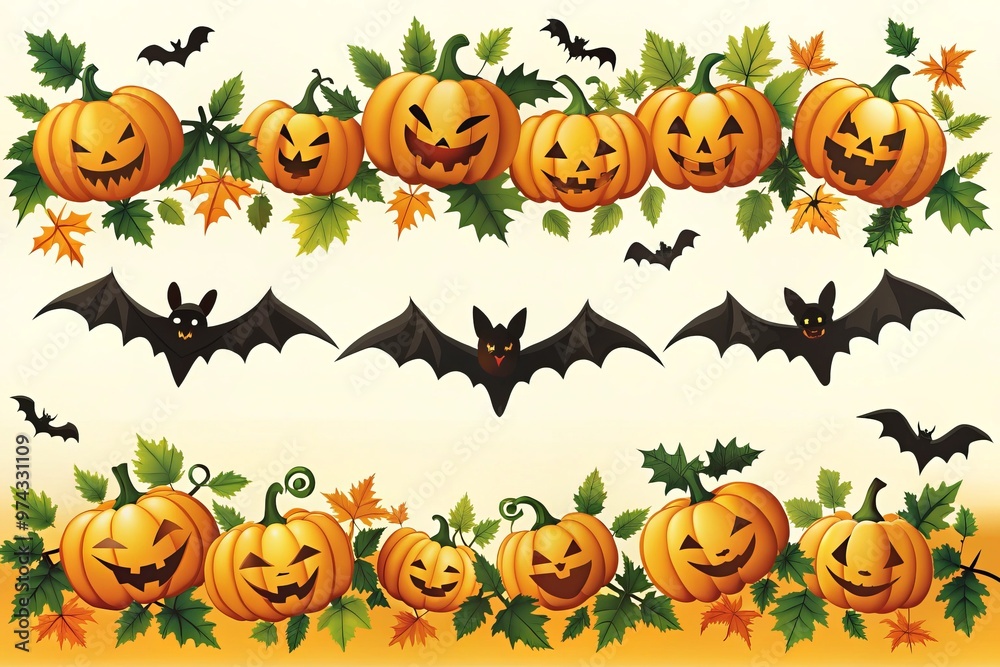 Halloween creatures illustrations for borders like bats and pumpkins Halloween creatures illustrations for borders like bats and pumpkins