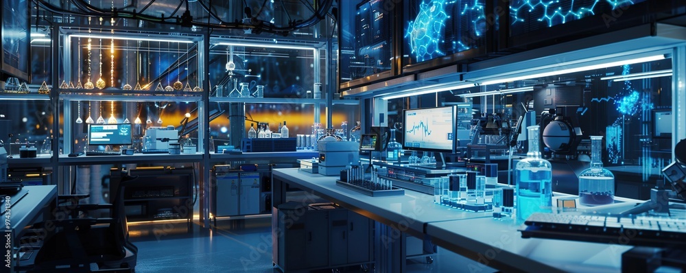 Fototapeta premium A high-tech laboratory where AI is autonomously conducting scientific research, manipulating molecules and visualizing chemical reactions with extreme precision.