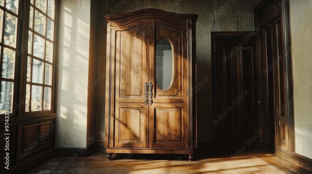 A rustic antique oak armoire with ornate detailing and a mirror embedded in the door, placed in an elegant, vintage-style room with natural light filtering through the windows A rustic antique oak armoire with ornate detailing and a mirror embedded in the door, placed in an elegant, vintage-style room with natural light filtering through the windows