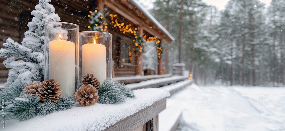 Fototapeta premium Christmas decorations on the facade of the house. Country house with a wooden facade, surrounded by snow-covered forest. The porch is decorated with New Year's decorations and garlands. winter time