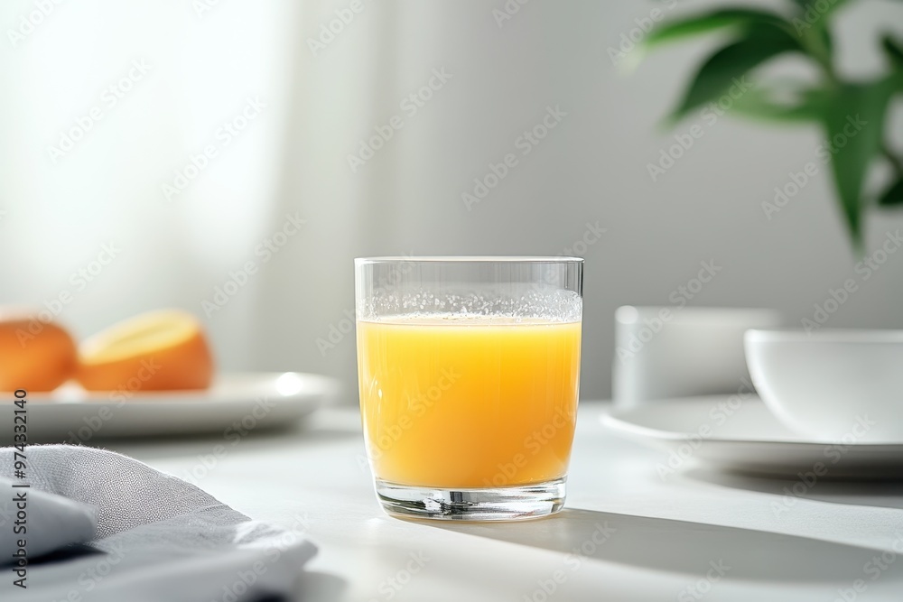 A refreshing glass of orange juice on a table with fruit and dishware in a bright setting. A refreshing glass of orange juice on a table with fruit and dishware in a bright setting.