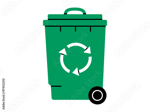 Hand drawn cute cartoon illustration of green garbage can with wheel. Flat vector recycling trash bin, environmental pollution design in doodle style. Ecology sticker, icon. Waste sorting. Isolated.