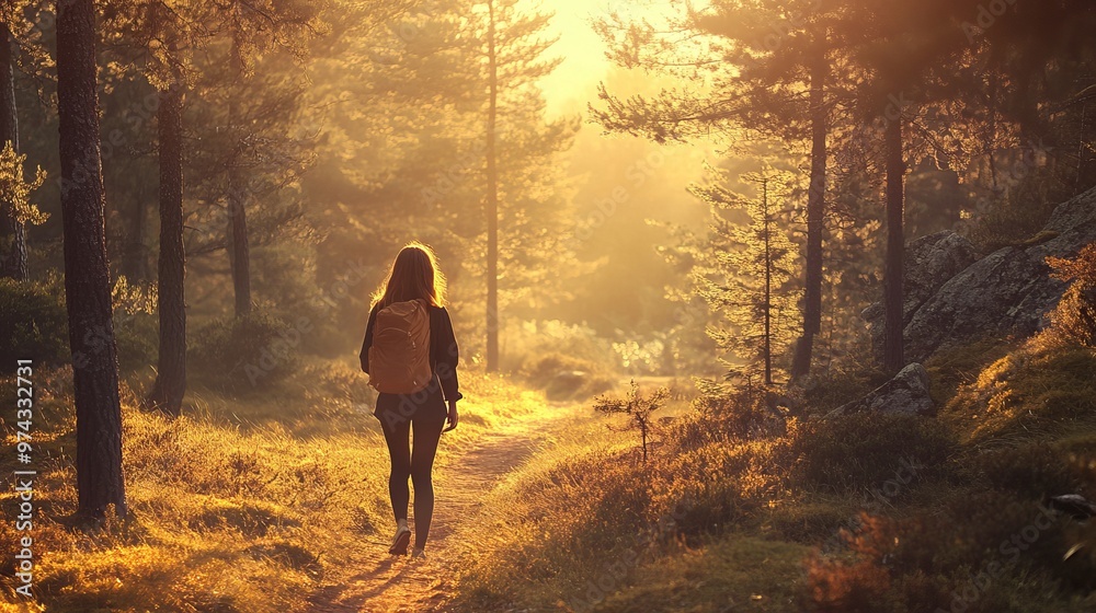 Fototapeta premium Young woman hikes alone through a serene forest at sunset.