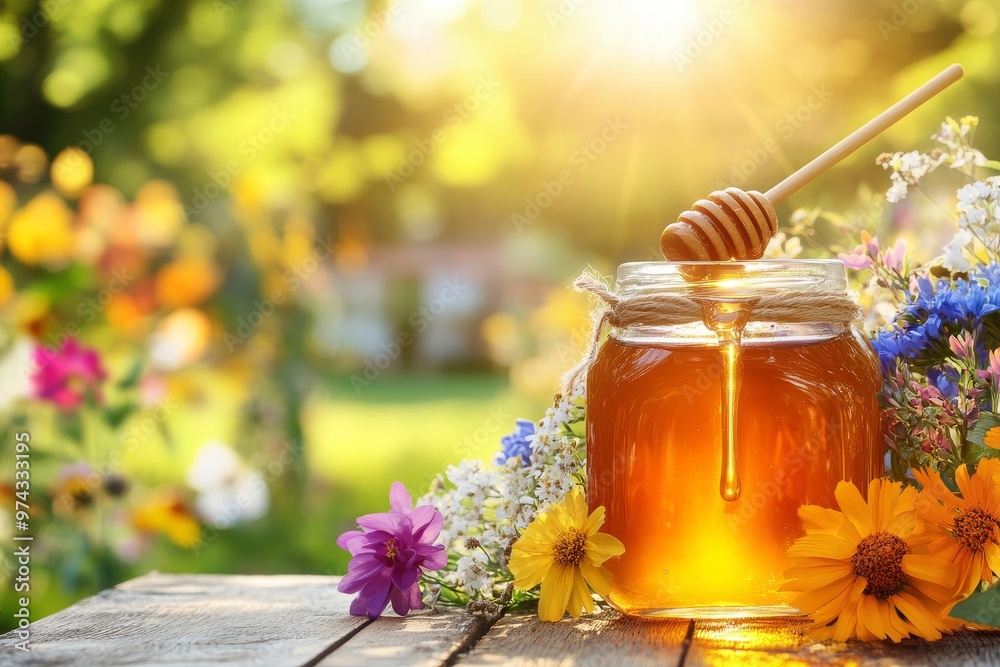 Honey Jars and Wildflowers in a Vibrant Garden Honey Jars and Wildflowers in a Vibrant Garden