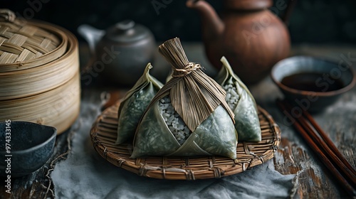 there are two bags of rice sitting on a plate with chopsticks photo