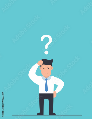 A sad Caucasian businessman with question mark over his head showing that he is in a big tro
