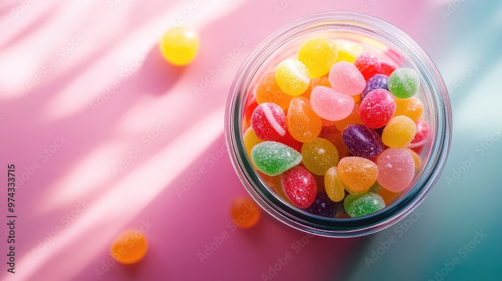 A clear jar full of colorful candies on a table, captured from above, offering a high-angle view with playful, vibrant candy tones. A clear jar full of colorful candies on a table, captured from above, offering a high-angle view with playful, vibrant candy tones.