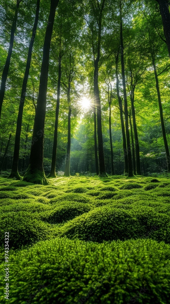 Serene Forest Glade with Ancient Trees, Moss, and Sunlight Filtering Through Canopy Serene Forest Glade with Ancient Trees, Moss, and Sunlight Filtering Through Canopy