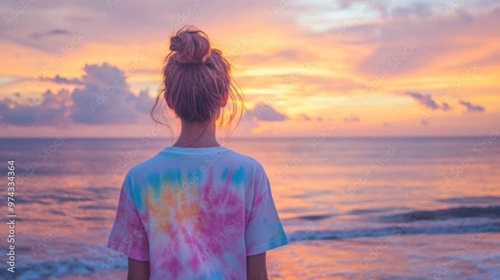 A woman wearing a pastel tie-dye t-shirt, standing on a beach at sunset, with the soft colors blending with the sky A woman wearing a pastel tie-dye t-shirt, standing on a beach at sunset, with the soft colors blending with the sky