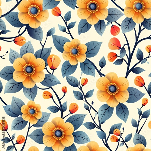 Seamless pattern of yellow flowers and blue leaves.