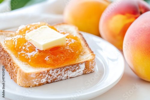 slice of toast generously spread with peach jelly, topped with a pat of butter, placed on a white ceramic plate with fresh peaches beside it