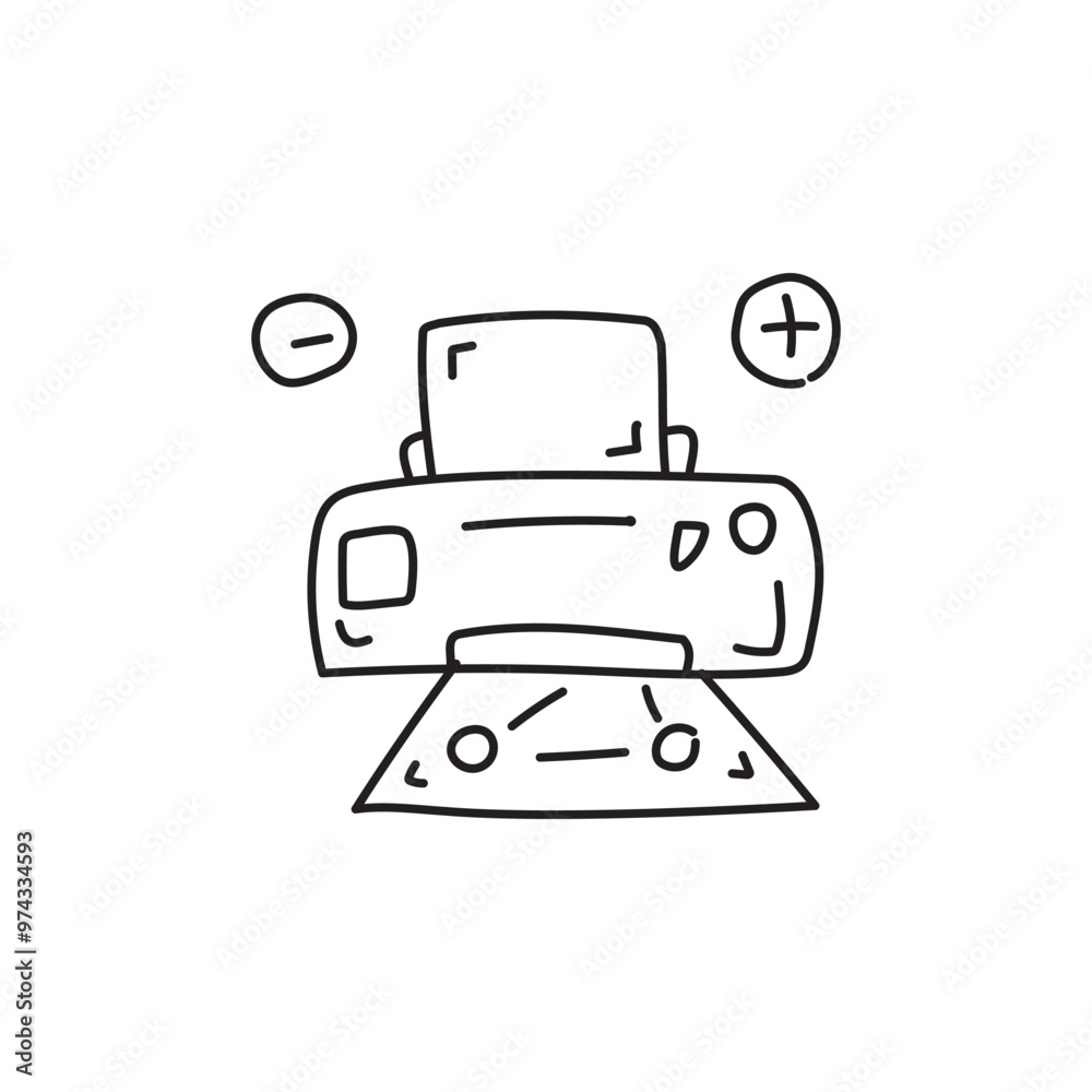 Hand drawn cartoon illustration of a printer with plus and minus buttons. Hand drawn cartoon illustration of a printer with plus and minus buttons.
