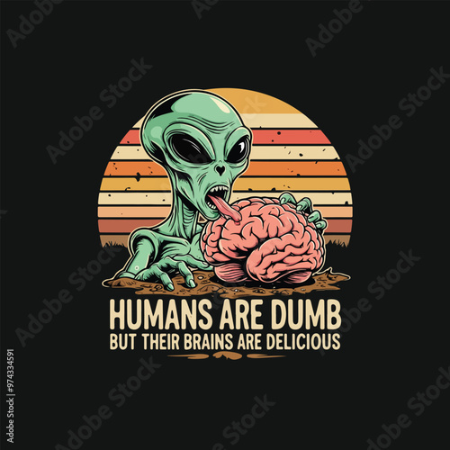 Vector t-shirt design Vintage retro sunset. an alien with a hungry look