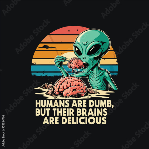Vector t-shirt design Vintage retro sunset. an alien with a hungry look